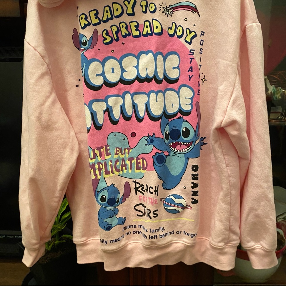 DiSNEY STiTCH Zip up Hoodie Pink Women’s L Full Back Graphic RN#71868 EUC